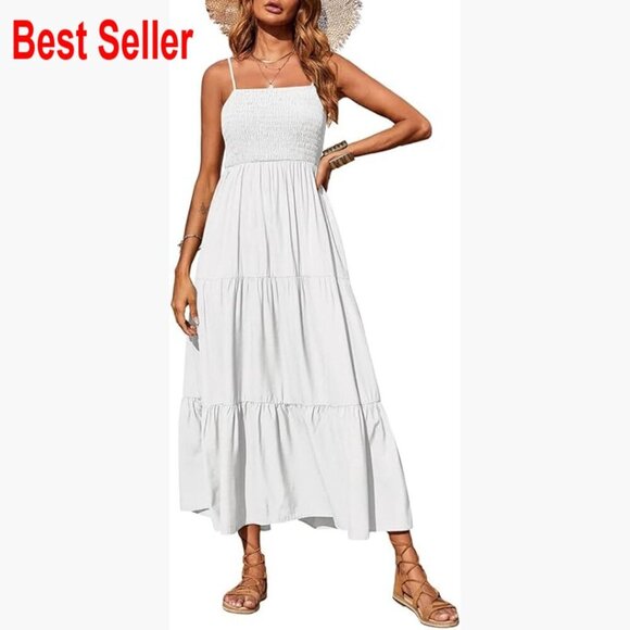 Dresses & Skirts - Polyester Maxi Dress with Spaghetti Straps Smocked Bodice Tiered